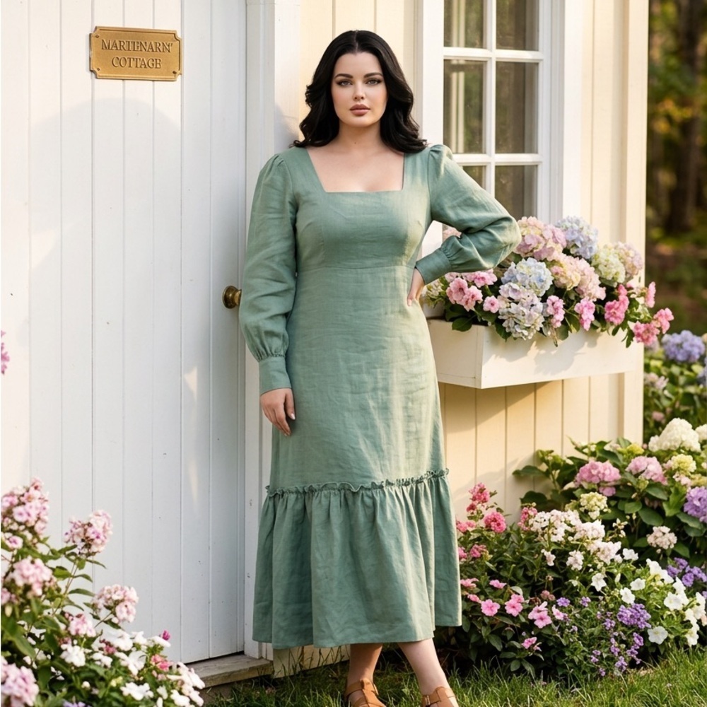 NWT Harshman Plus Size Bloom Dress Olive Green Long Sleeve Linen - Size 3XL